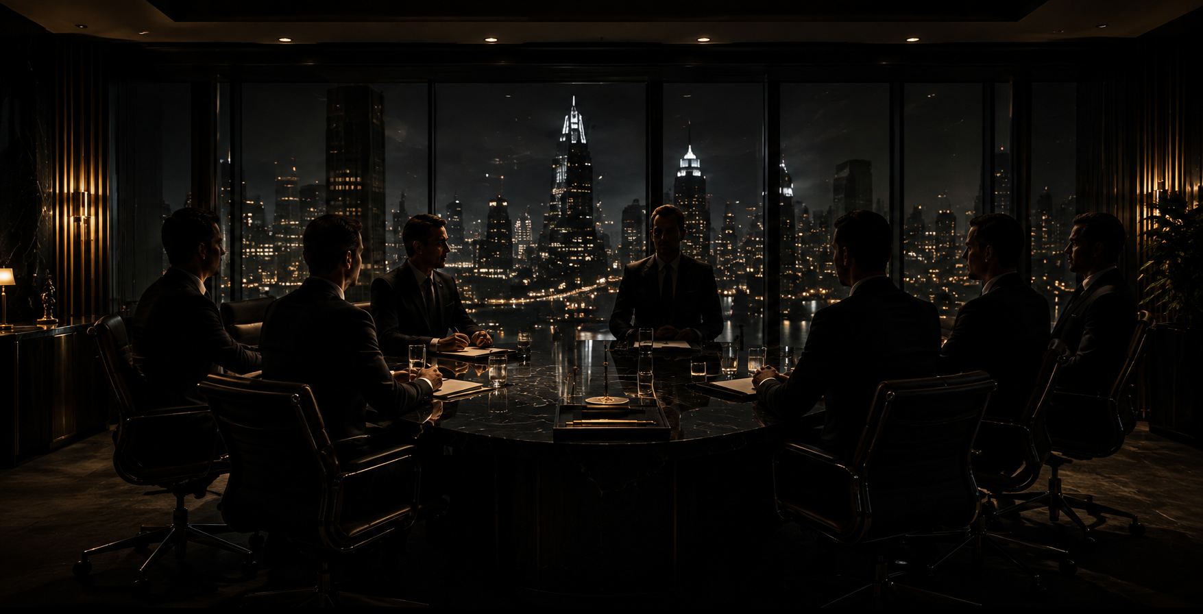 A private boardroom meeting at night, city skyline beyond the windows