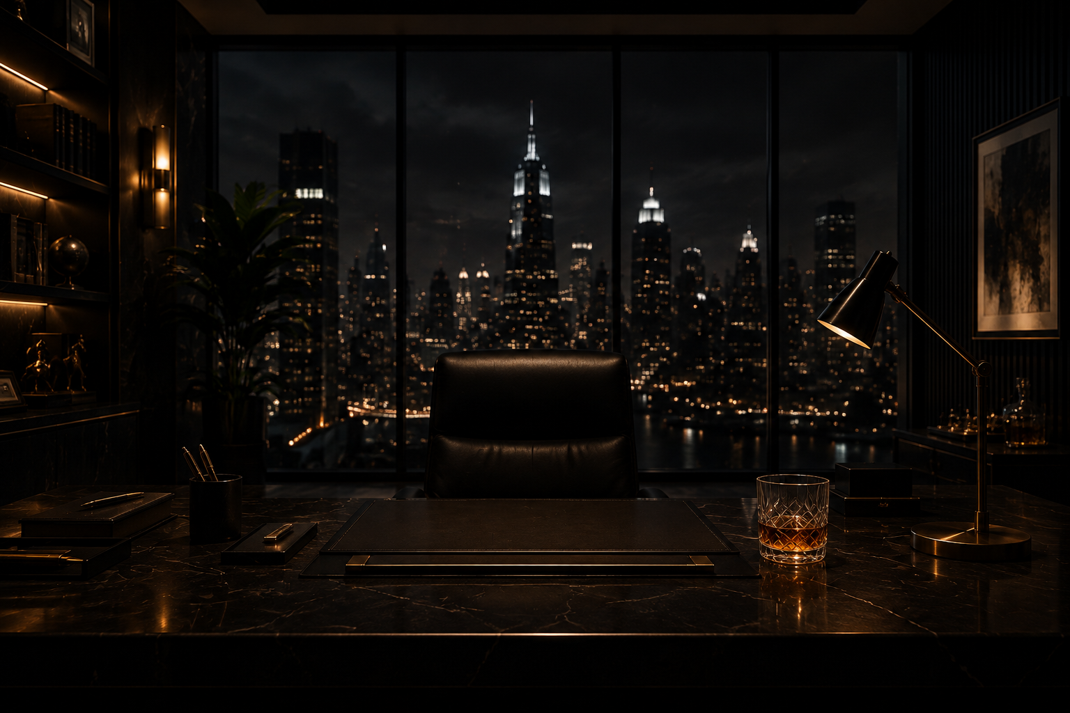 A private executive office at night, the city skyline beyond the window