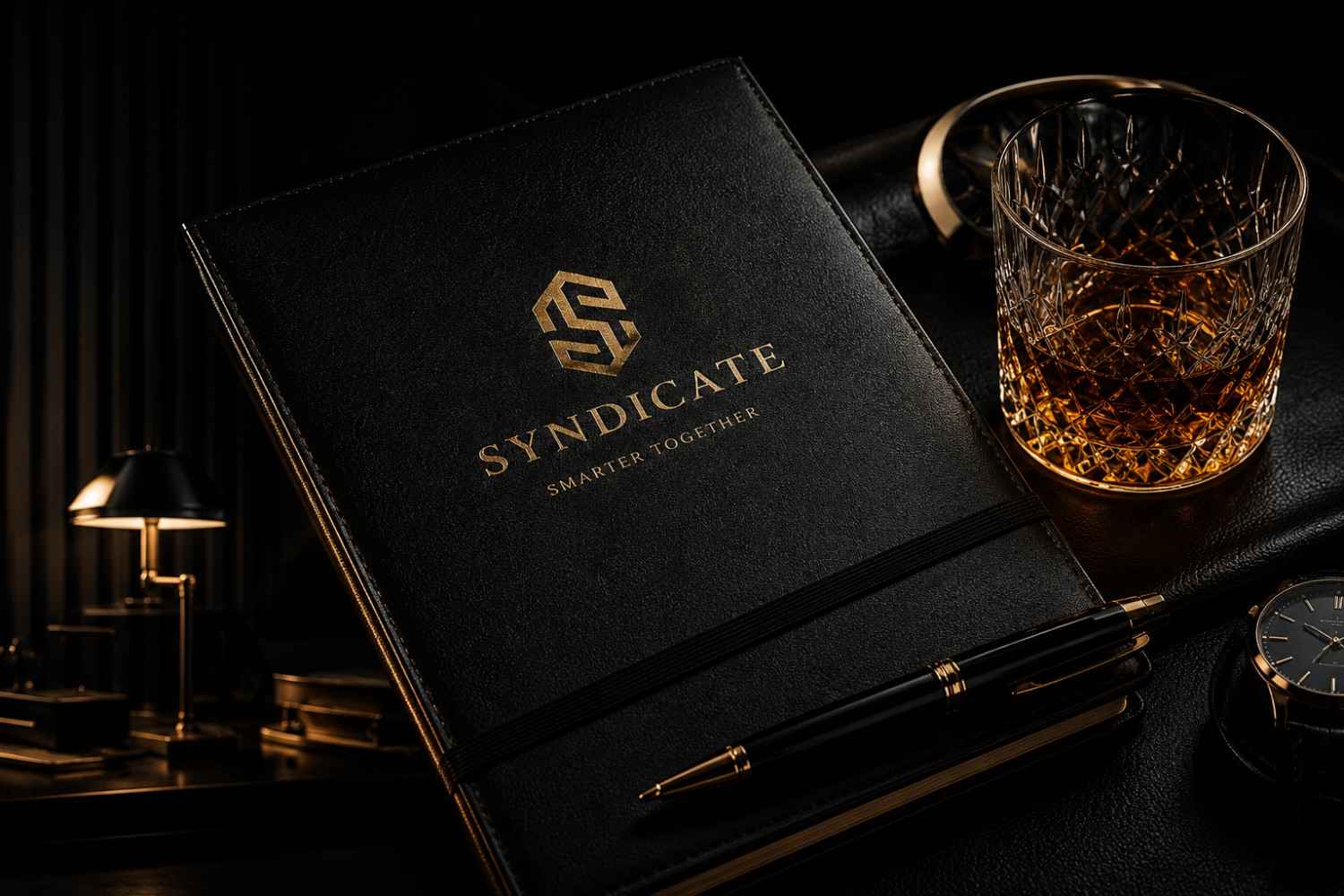 The Sunday Hundred Syndicate monogram embossed in gold on a black leather portfolio, beside a crystal tumbler, fountain pen and watch