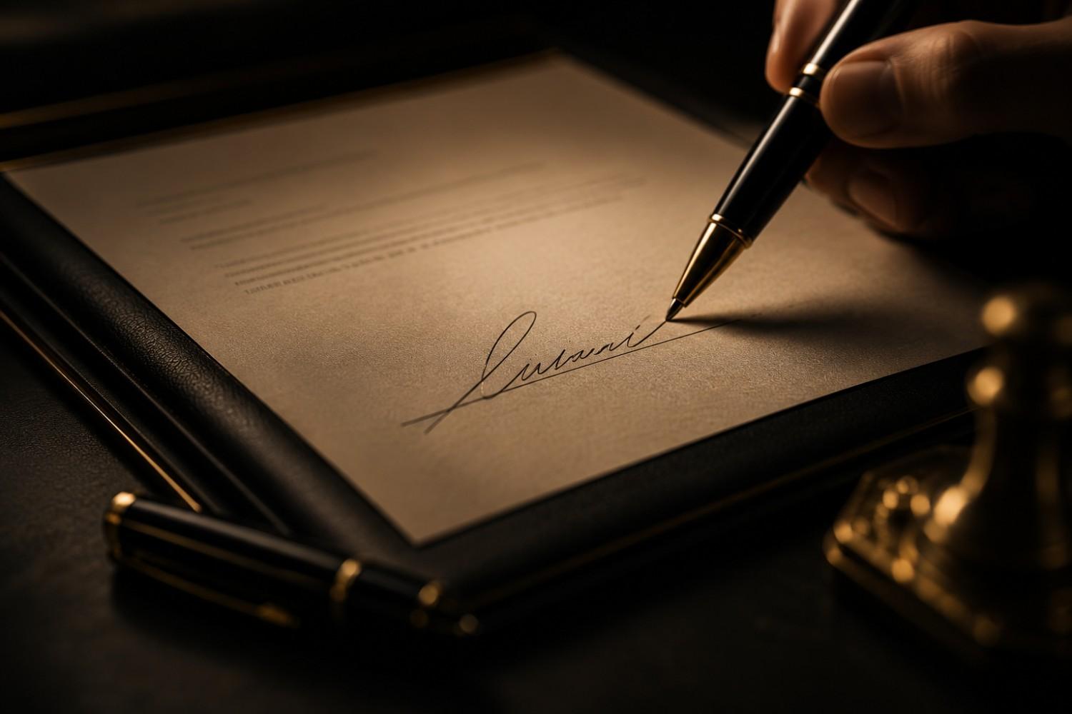A hand signing a private agreement with a gold-nibbed pen on a leather desk